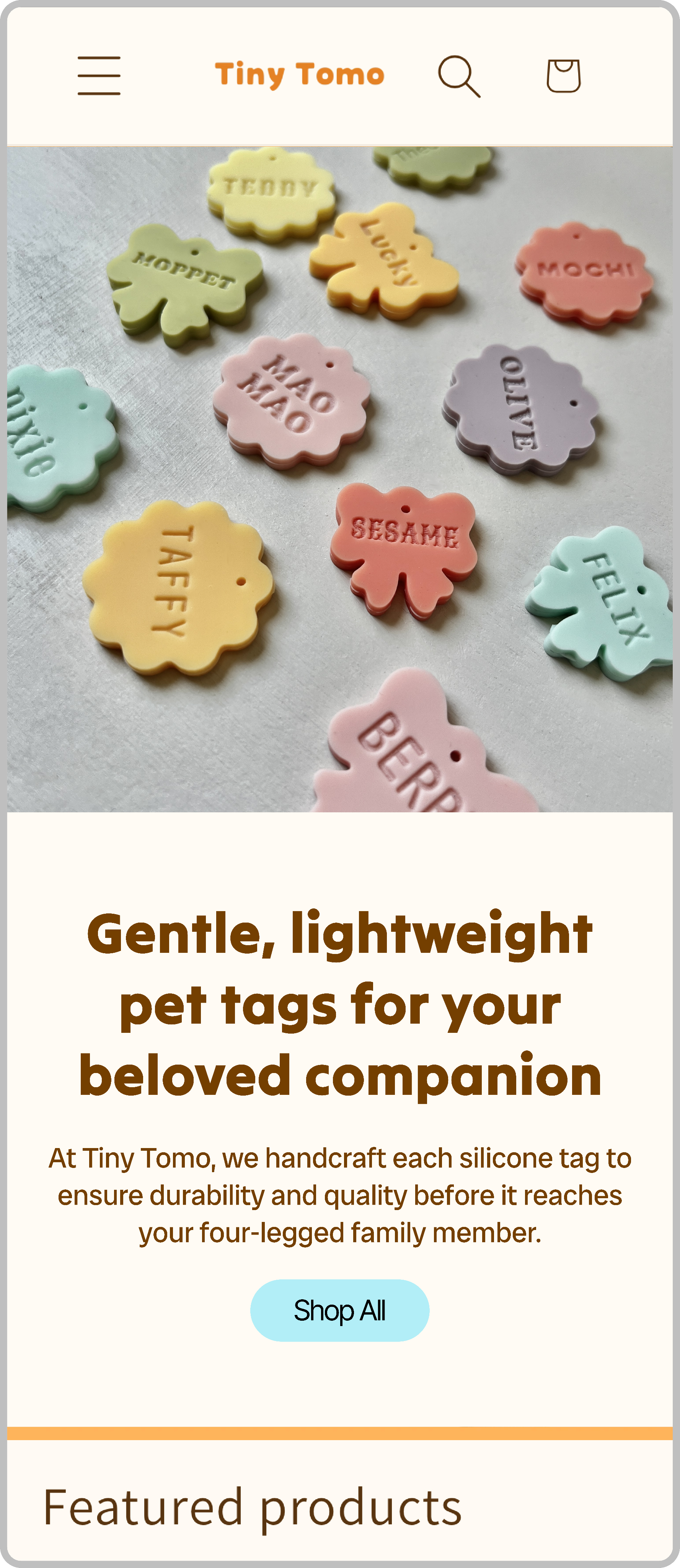 Small e-commerce homepage for pet tags