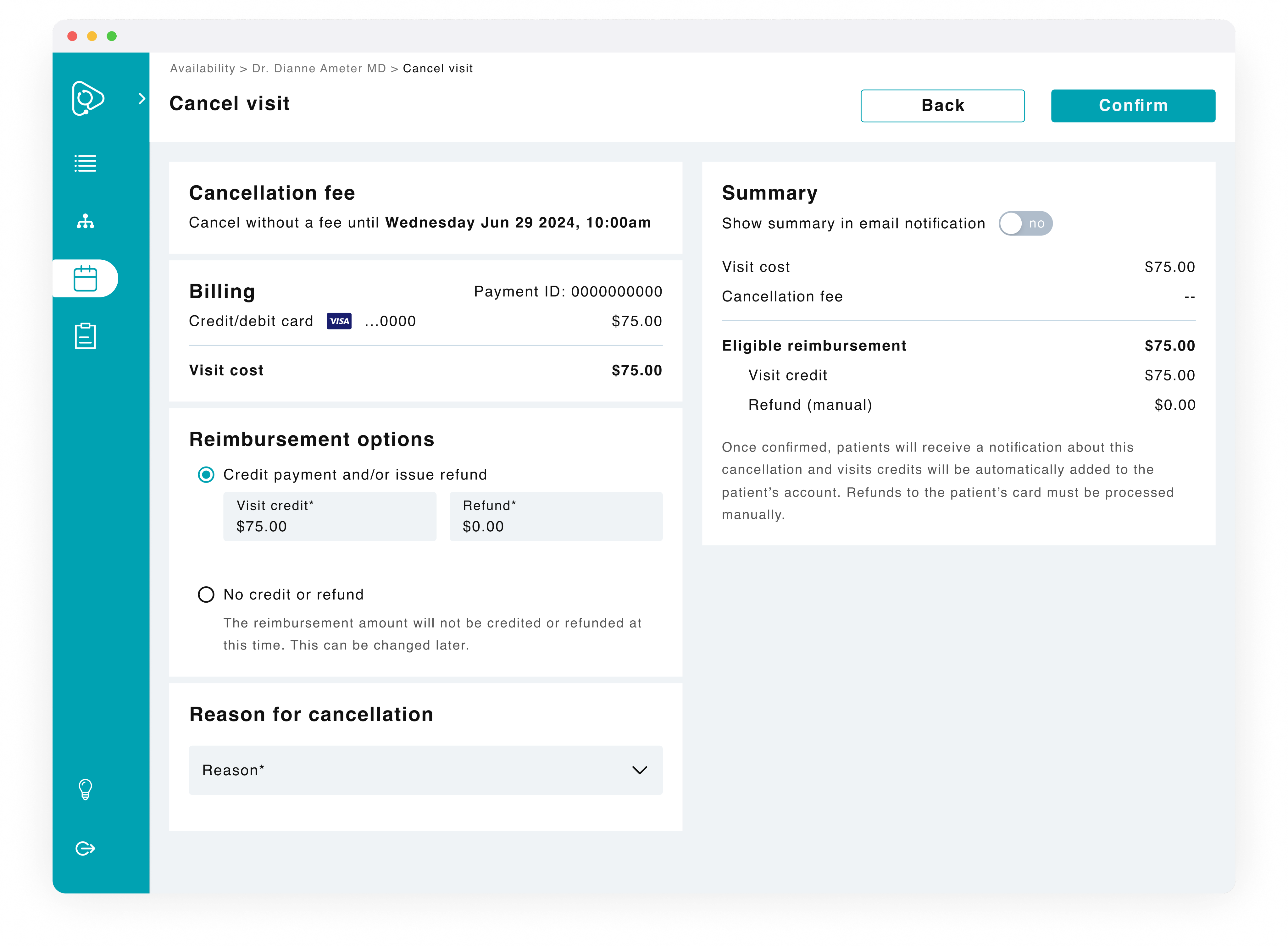 Telehealth web app visit cancellation page for the internal team
